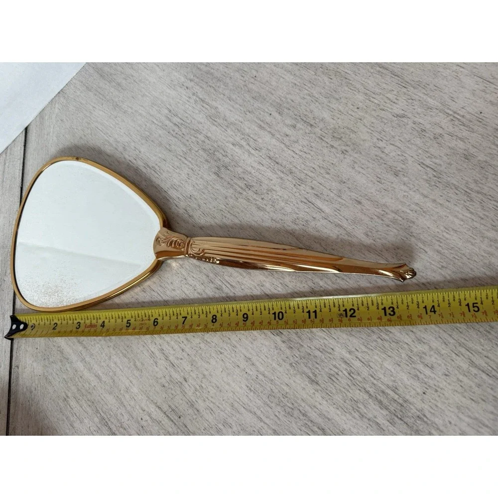 Vintage Gold Tone Hand Mirror & Brush Set Embossed Floral Fluted Handle Vanity